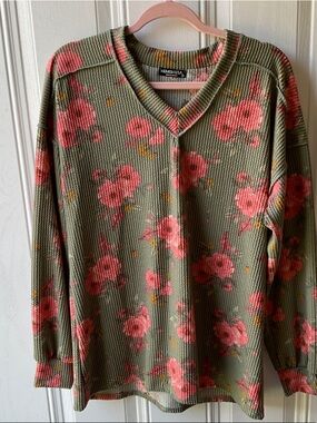 HEIMISH USA Olive Green Floral Waffle-Knit Long Sleeve Top with Pink Flowers